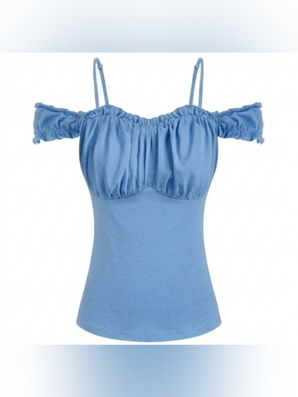 Scarlet Darkness Light Blue Ruched Tank Top Removable Straps Off-Shoulder